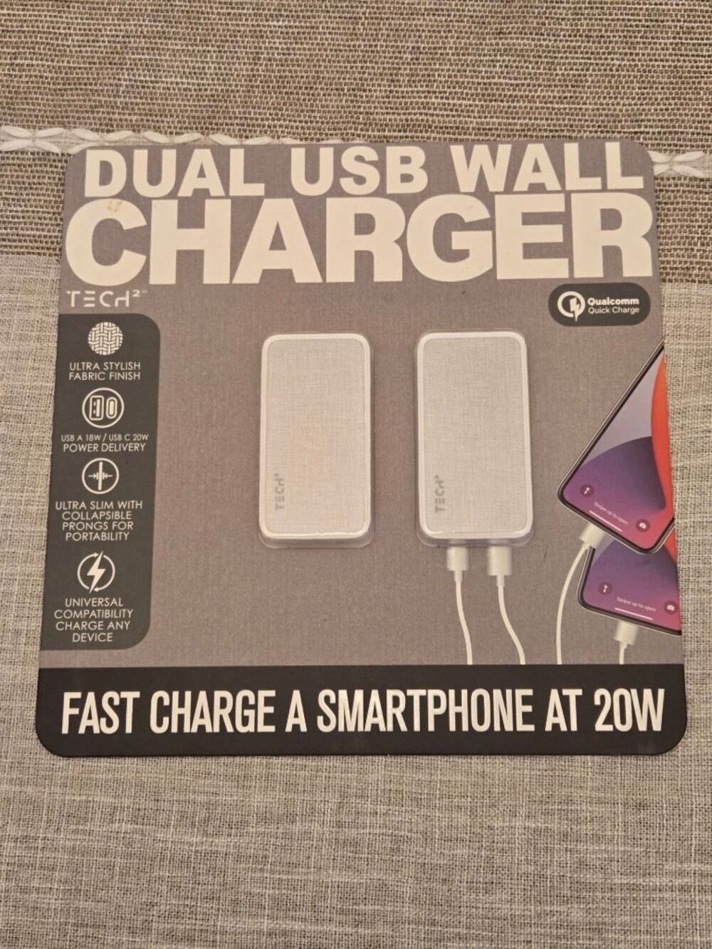 Dual USB Wall Charger With 20W Fast Charging Qualcomm Quick Charge Ultra Slim